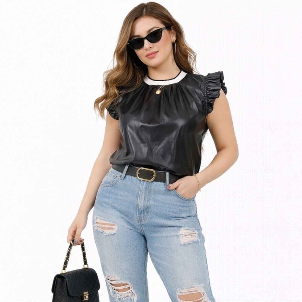 THML Size XS Black PU Vegan Faux Leather Flutter Sleeve Blouse Goth Whimsygoth